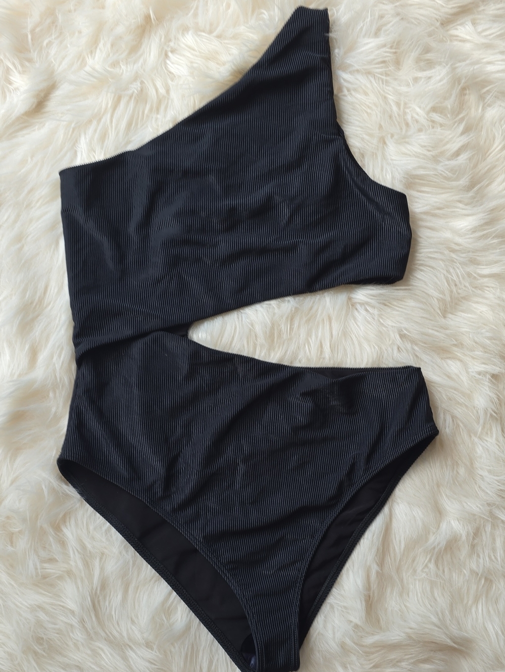 Beach Riot Black Ribbed One Shoulder Cutout One Piece Swimsuit SIZE L